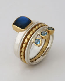 Three band 'Stacking Ring' with Moostone and three Aqua-marine stones.